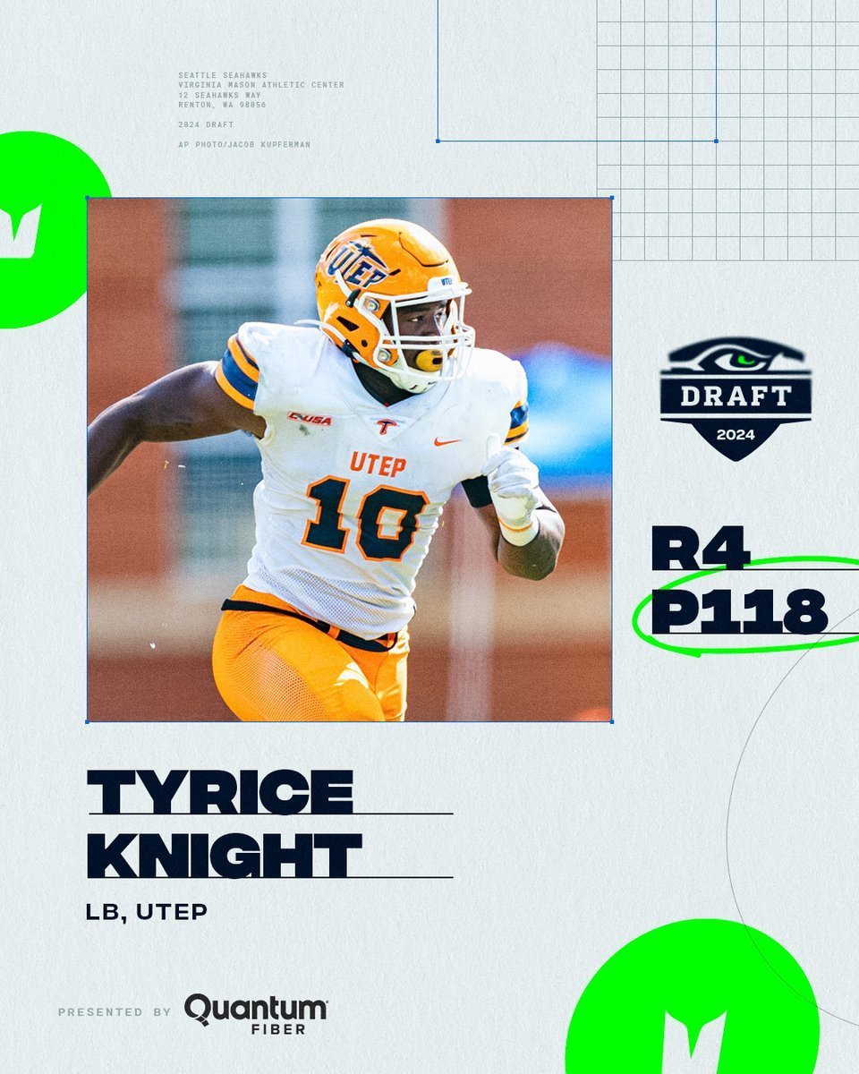 .. #Seahawks select linebacker Tyrese Knight from Texas-El Paso with the 118th pick in round 4. #JUCOPRODUCT #UTEP #NFLDraft @Tyricek_ @DreamU_IndyFB