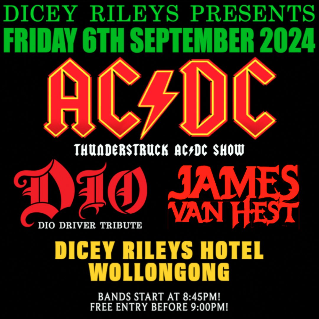 WE'RE BACK AT DICEY RILEYS ON THE 6TH OF SEPTEMBER!
WITH THUNDERSTRUCK & DIO
FREE ENTRY BEFORE 9PM!

EVENT: facebook.com/events/7993305… 

#acdc #ronniejamesdio #JVH #jamesvanhest #rockmusic #rocknroll #rockandroll #hardrock #classicrock #metal #guitar #livemusic #rockband #band