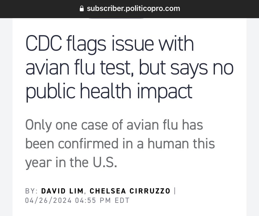 “The CDC told public health labs Friday that they need to change how people are tested for avian flu. A manufacturing issue with the test discovered earlier this week has no practical impact on the ability to screen people for H5N1 bird flu, according to the CDC.” 🥴 We’re off…