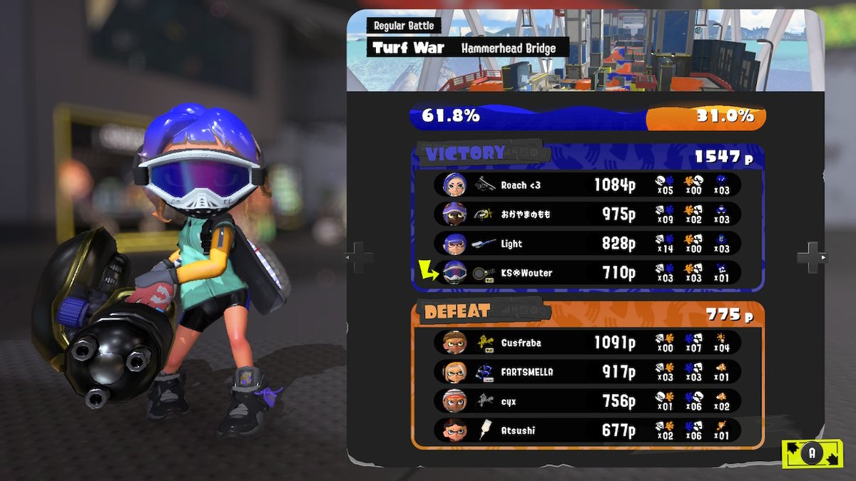 nautilus 79. not a bad kit at all, and nautilus can be an amazing aggressor. It can be difficult to get the timing right or get to safety, but i enjoyed it.
that's all 2 stars done again!

finally got to play with the wonderful japanese <a href="/kafkalove99/">Light</a>! #Splatoon3 #NintendoSwitch