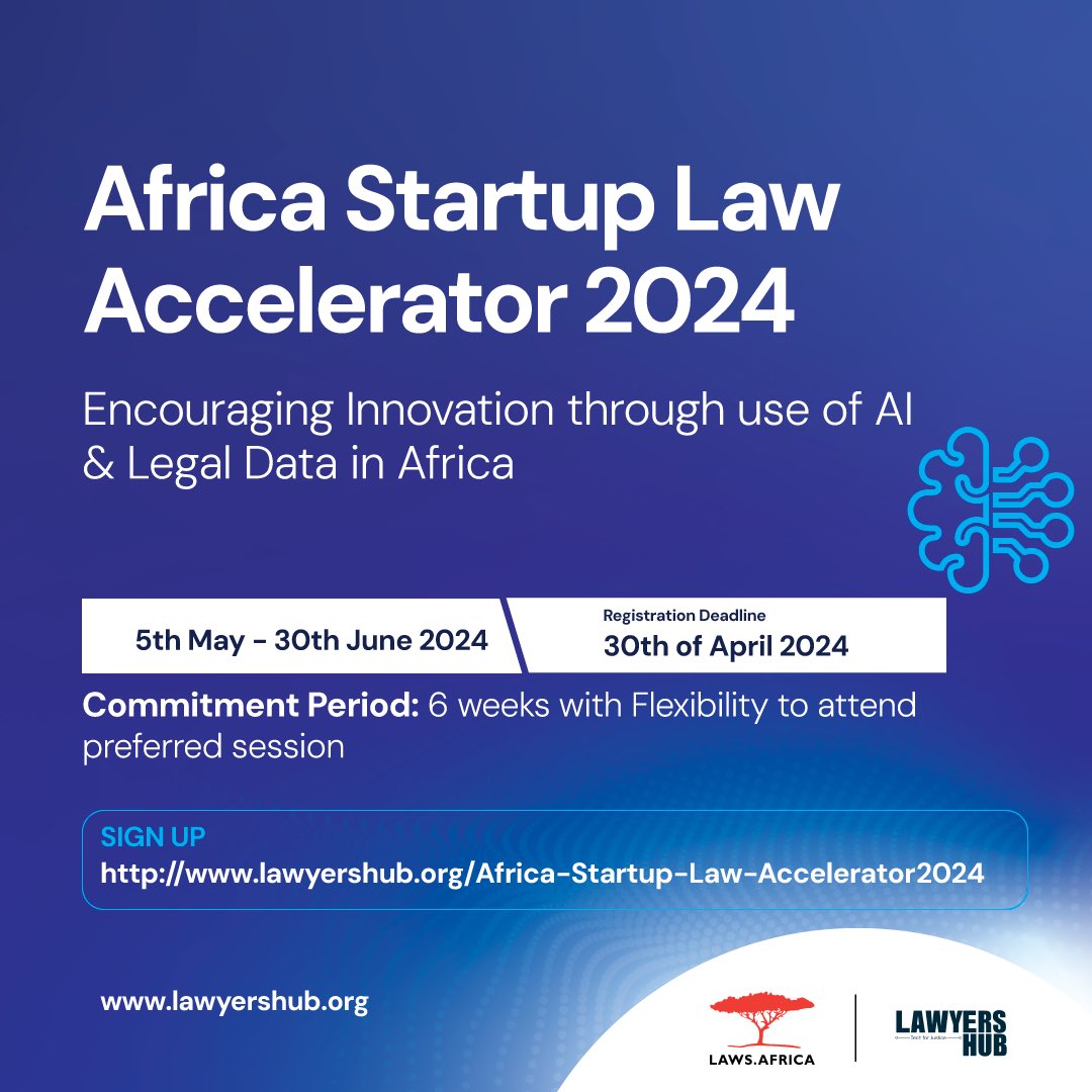 🔔Are you an early-stage #startup in Africa developing solutions involving #AI and #legal #data? If so, we invite you to apply for our upcoming two-month accelerator program, running from May 5th to June 20th, 2024. Click the link to apply now! lawyershub.org/Africa-Startup…