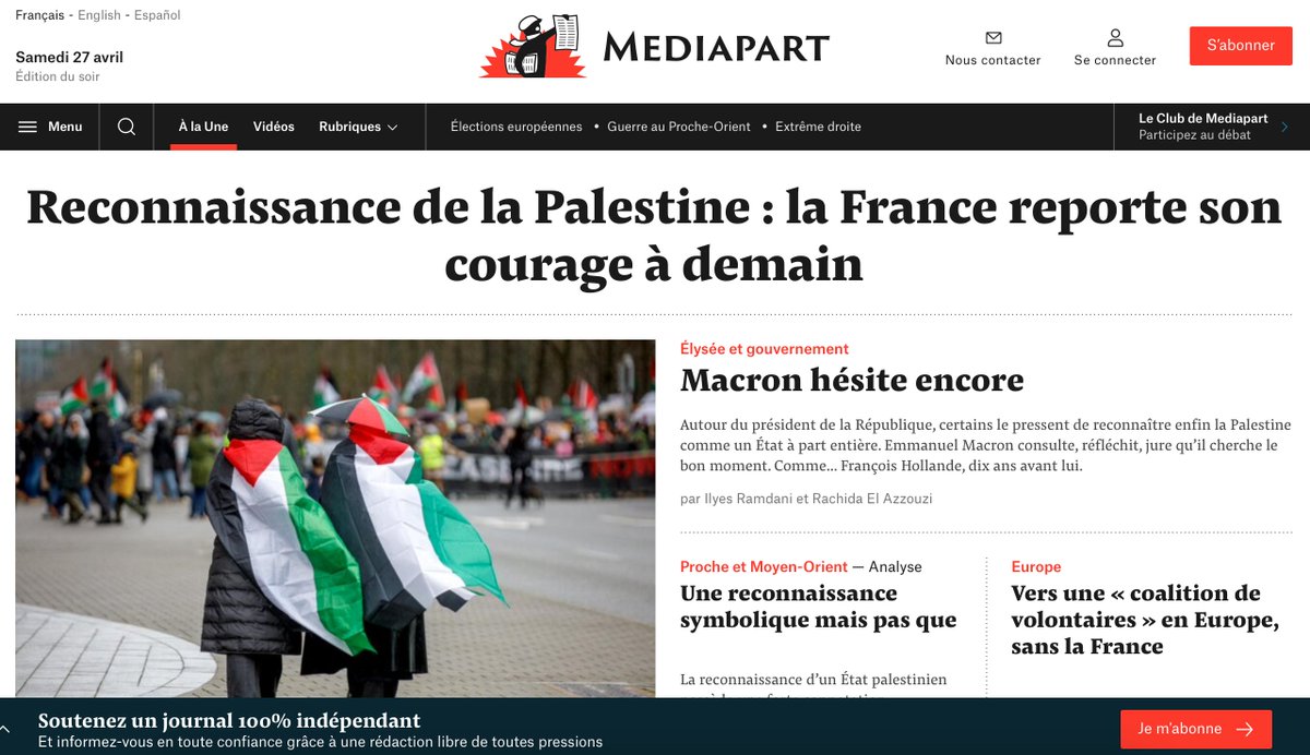 ÉDITION SPÉCIALE @Mediapart Face au martyre de #Gaza, la reconnaissance d'un État palestinien serait un acte politique décisif pour enrayer la course à l'abîme. Alors que l'Espagne et l'Irlande s'apprêtent à le faire, la France continue de tergiverser. 
👉 mediapart.fr