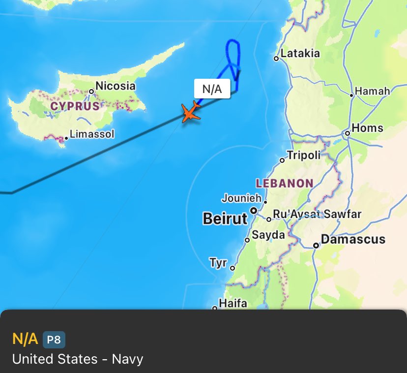 US Navy 🇺🇸 P8 Poseidon (AE6821) from Sigonella NAS active off Syrian coast.