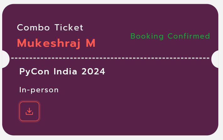 mukeshmahendran's tweet image. Got my ticket for @pyconindia 2024
This is my second #pycon- Love to learn new things with community. #pythonist #bangalore #Python #conference #tech