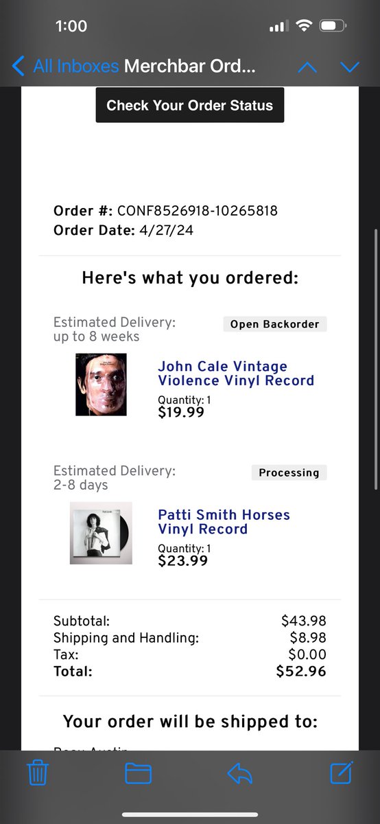 beau_austin's tweet photo. @MerchbarSupport @merchbar Beware using #merchbar @merchbar they will not only not ship your order but after getting sick of you they’ll respond by charging you more money for records that still will likely not come. See pics at beginning of thread along with these
Just looking out for other vinyl peeps https://t.co/4LK9WDZXty
