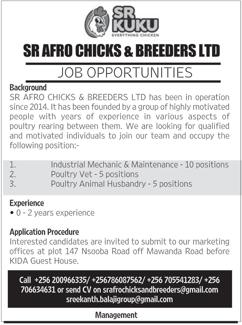 Several job vacancies available at SR AFRO CHICKEN & BREEDERS LTD. Apply or reshare you could land someone his/her dream job. #jobclinicug #jobs #ApplyNow #hiring #careers #jobsinuganda #jobseekers