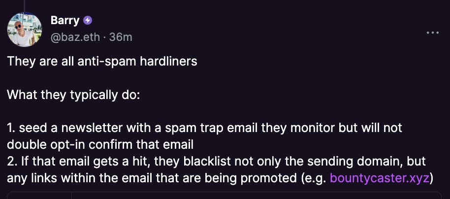 Sharing in case helpful, bountycaster.xyz was blacklisted past few days (labeled by gmail as spam/malicious, site blocked for some) b/c a third party newsletter did non opt in subscriptions and included our URL Fix = manually contact each service that flagged to dispute