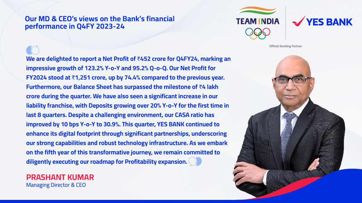 Mr. Prashant Kumar, Managing Director & CEO, YES BANK, reflects on our progress in Q4 FY2023-24 and outlines future opportunities. #YESBANK #LifeKoBanaoRich #PoisedForGrowth #Q4Results #Q4FY24