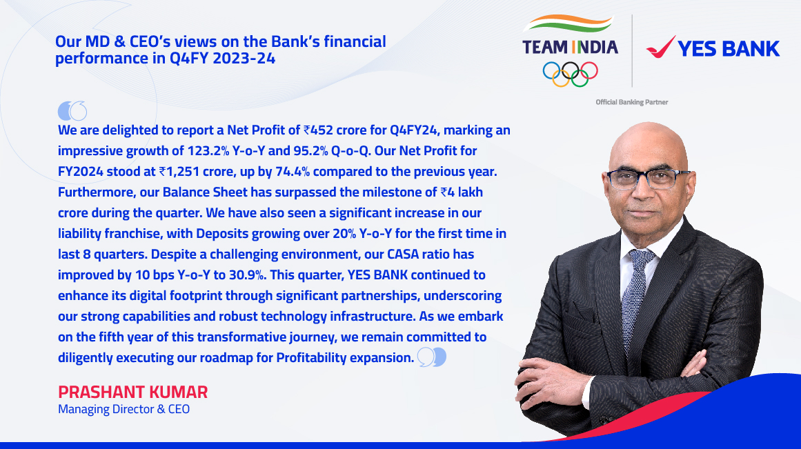 YESBANK's tweet photo. Mr. Prashant Kumar, Managing Director & CEO, YES BANK, reflects on our progress in Q4 FY2023-24 and outlines future opportunities.
#YESBANK #LifeKoBanaoRich #PoisedForGrowth #Q4Results #Q4FY24 https://t.co/VXhNMoJYT2