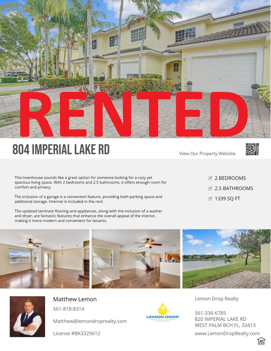 LemonDropRealty's tweet image. RENTED $2,300/Month  
804 Imperial Lake Rd, West Palm  
2 Bed/ 2.5 Bath Townhouse on the lake
#condo #homebuyers #homesellers #zillow  
Thinking about making a move contact #Realtor Matthew Lemon #561.818.8314 #LemonDropRealty