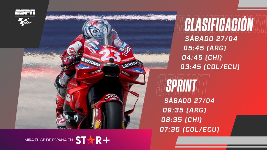 🚨¡Atención! 📡 Ya estamos al #aire con @MoreaGustavo en la transmisión del #Sprint de #MotoGP a través de #ESPN4 y @StarPlusLA. Son bienvenidos.

#MotoGPxESPN #ESPNenStarPlus