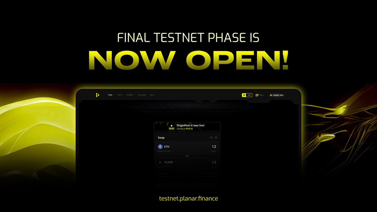 Planar Finance final testnet phase is now open! Link: testnet.planar.finance You can now: - Swap tokens & Add LP. - Deposit in Origin Pools. - Participate in Public sale. Once the Public sale is closed, you can claim the tokens from launchpad then allocate it to Dividend