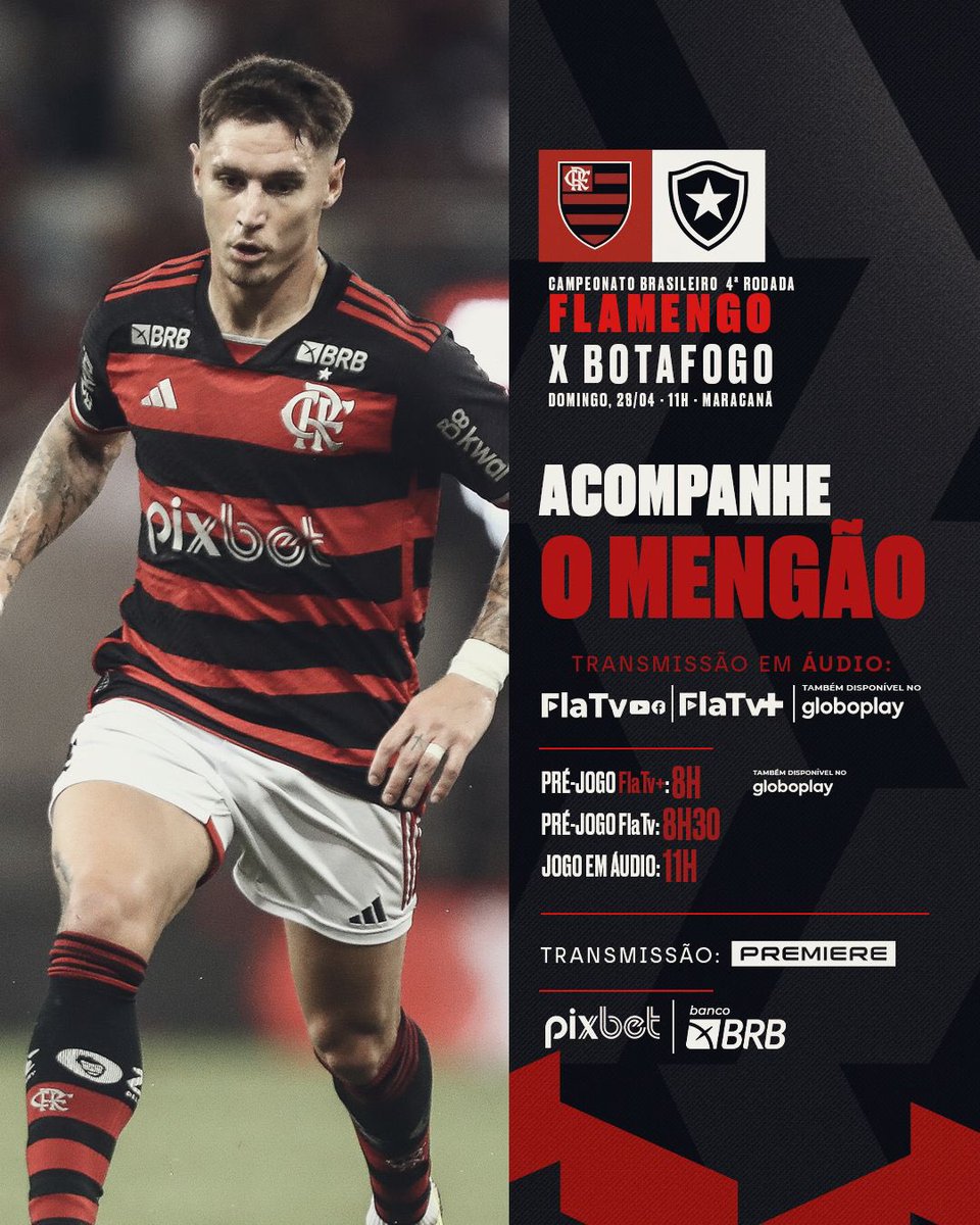 É amanhã, Nação! 

O MENGÃO enfrenta o Botafogo, às 11h, no Maracanã, pelo Brasileirão! Acompanhe a transmissão em áudio da FlaTV e da FlaTV+! O pré-jogo (com imagens) começa às 8h na FlaTV+! 

Apresentação: Lazlo Dalfovo e Júlia Corson 
Narração: Emershow Santos 
Comentários:…