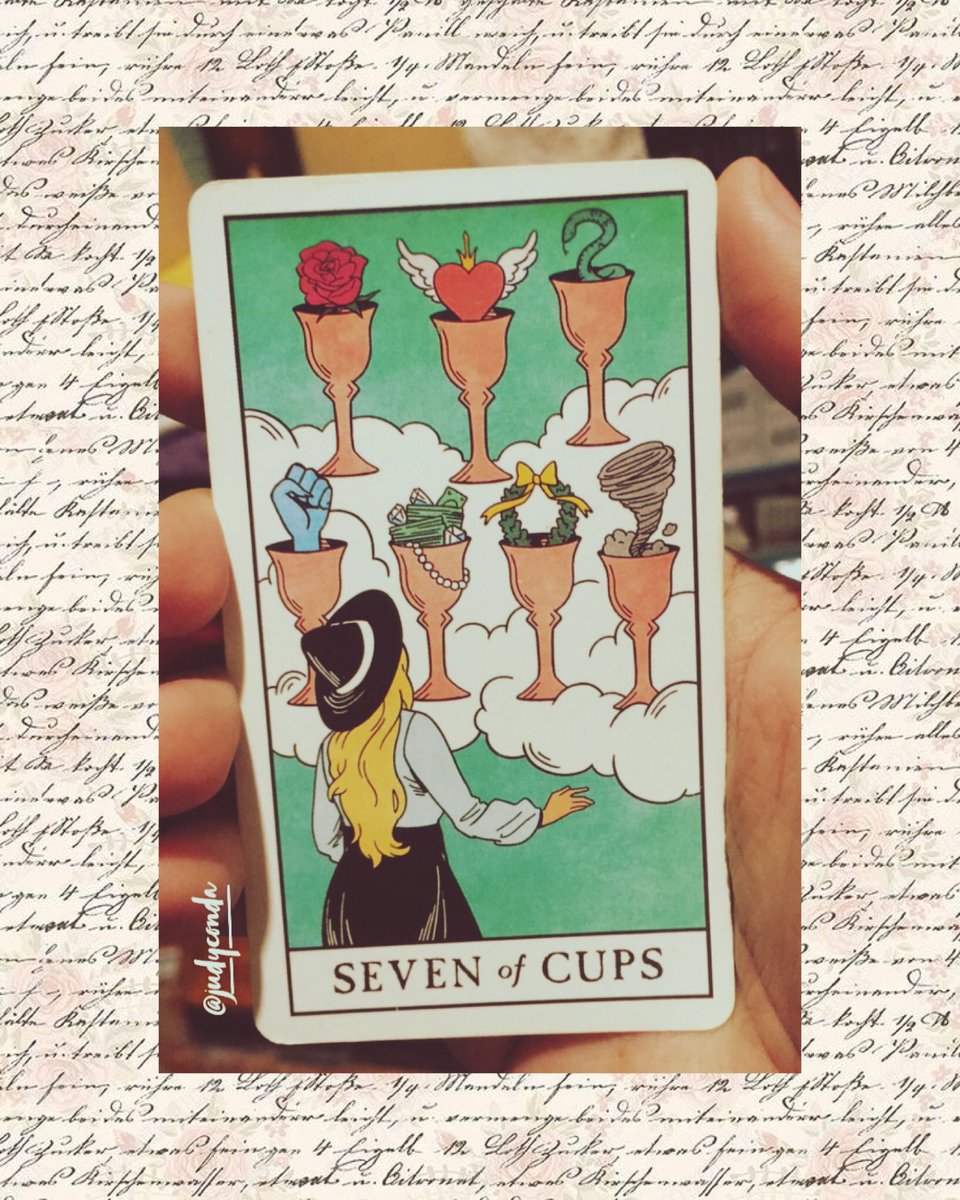 Seven of Cups can be a sign of wishful thinking and projecting into the future about what you would like to create, rather than taking action here in the present to make it happen. Evaluate your options and dig below the surface. #DailyTarot #Tarot #Tarotcards #tarotcard