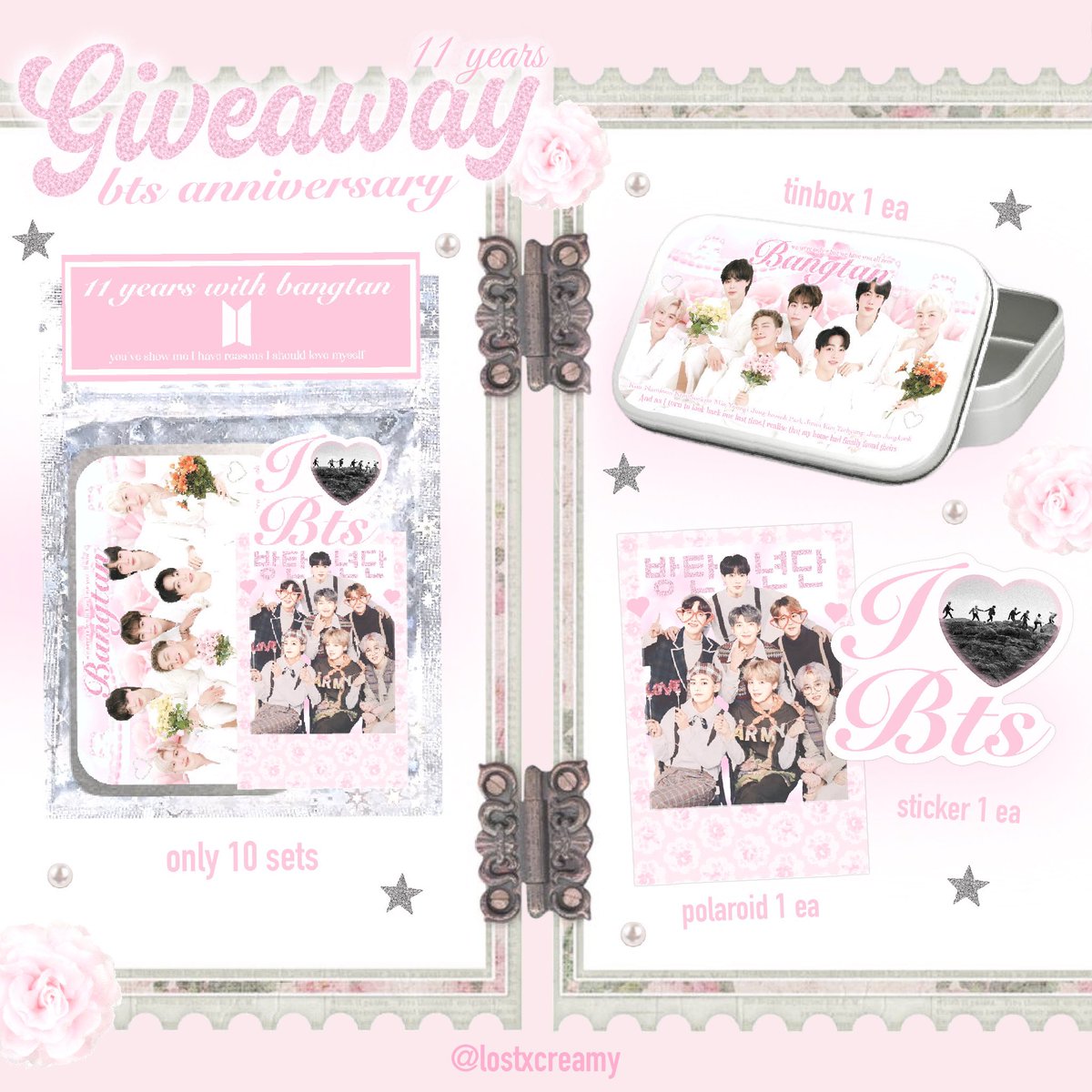 𝒫ls | kindly rt
𝒢iveaway ℬts 𝒜nniversary 
11 𝒴ears  ⪩⪨˚ ༘♡ ⋆｡˚
 
𐙚 only 1O sets
𐙚 shipping 5O baht
𐙚 form 25/O5 ; 19:3O
𐙚 more in mention 

✮ ┈┈┈┈＊┈┈┈┈ ✮ 

#BTS11thAnniversary
#11YearswithBTS