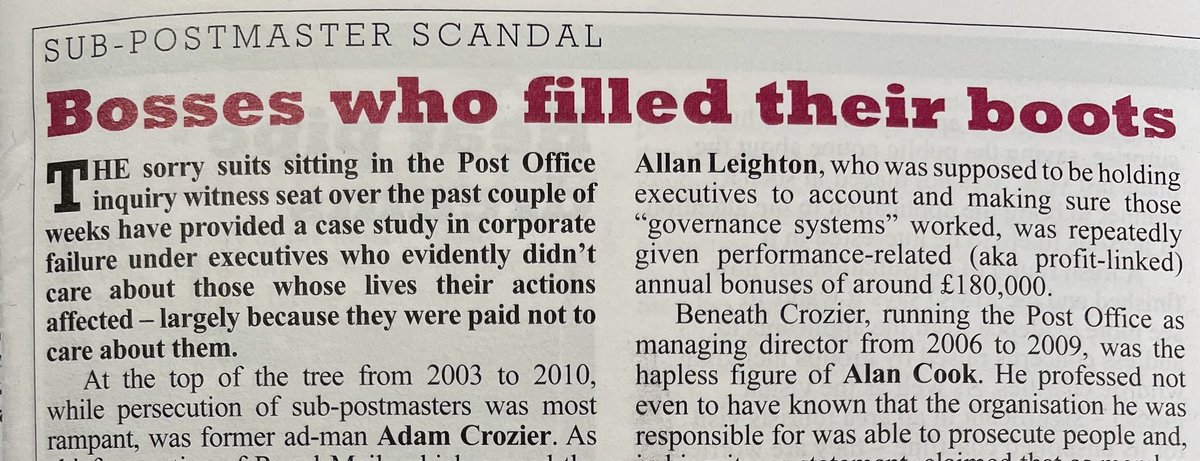 As Post Office Inquiry reveals Angela van den Bogerd picked up a bonus even after a judge had condemned her dishonesty, latest ⁦@PrivateEyeNews⁩ sets out the huge financial incentives for bosses to ignore and cover-up the scandal -