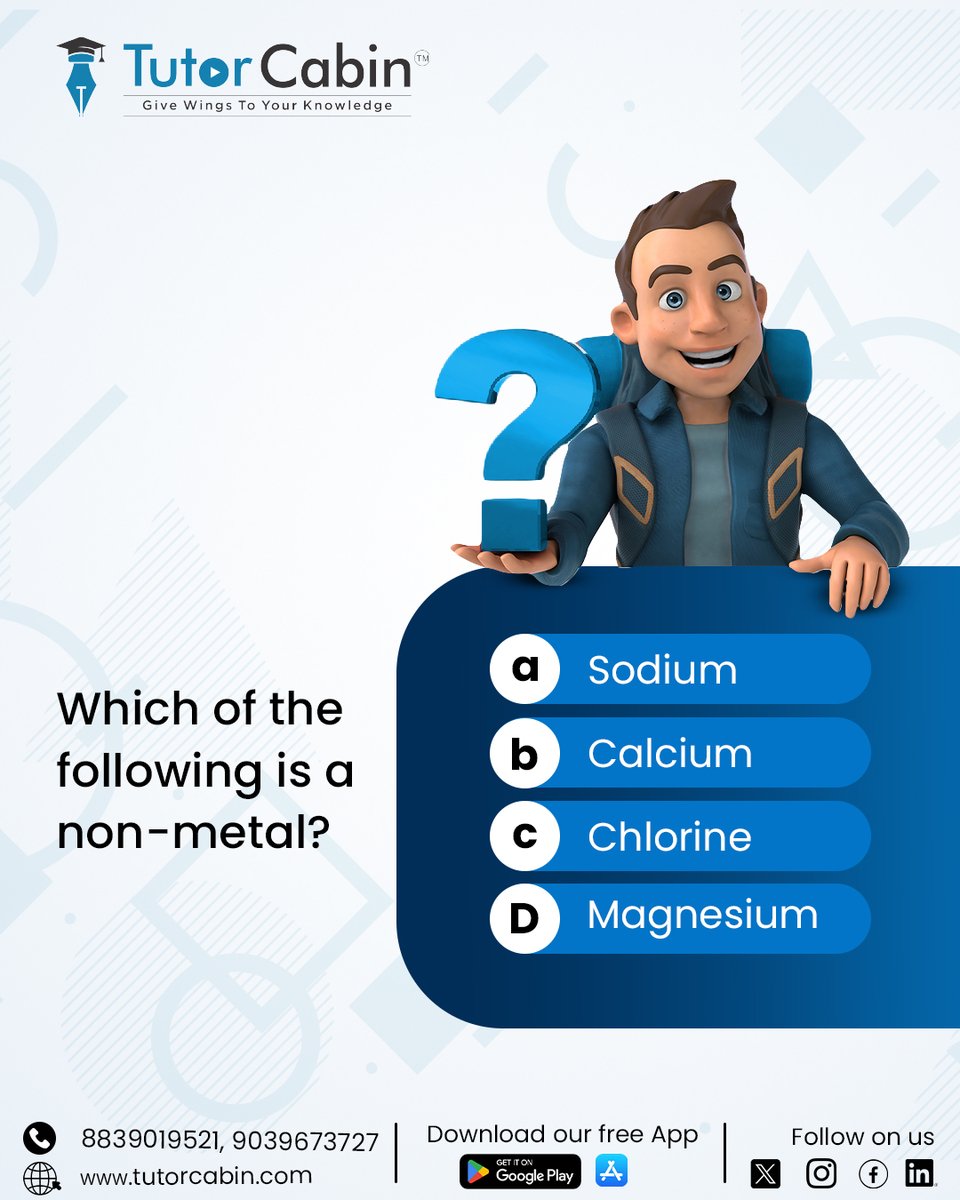 Can you identify which of the following is a non-metal?🤔

Hint: It's an essential element found in nature.

The correct answer is Chlorine! 🎉

Share your answer in the comments below!
.
.
.
.
#ScienceQuiz #NonMetal #TestYourKnowledge #success #DidYouKnow #Celebration #HCVerma