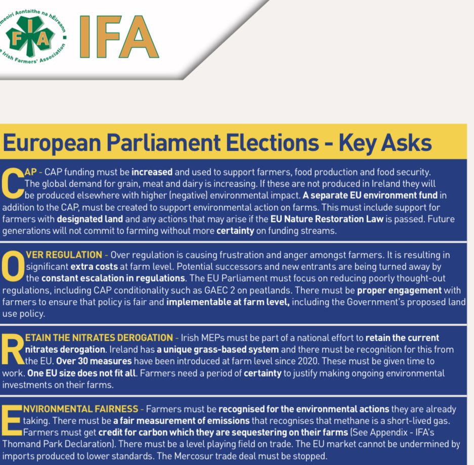 These are IFA’s core asks for the MEP elections. Our 1st public meeting with candidates is this Tuesday (30th) in Corrin Mart in Cork @8pm. Facilitated by Jack Kennedy from the Farmers Journal. Please attend and hold these candidates to account.