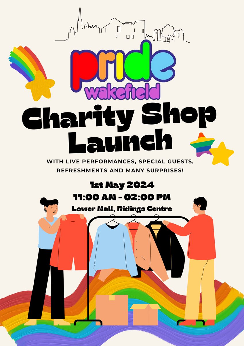🏳️‍🌈 Join us for the grand opening of the Wakefield Pride Charity Shop! 🎉 📅 May 1st, 2024 🕚 11:00 AM - 02:00 PM 📍 Lower Mall, @ridingscentre Live performances, special guests, and more! Let's spread love and support for Wakefield Pride. See you there! 🌈❤️