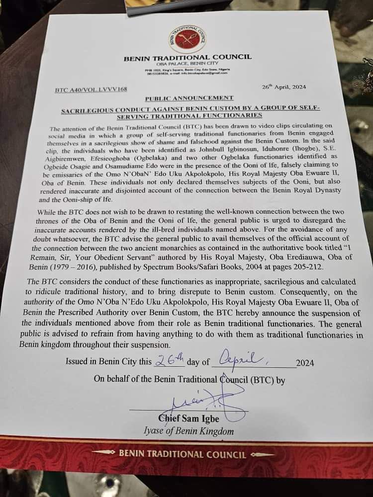 PUBLIC ANNOUNCEMENT!!! Benin Traditional Council official response to the comedy show that took place at the Palace of the Ooni (Chief Priest) of Ife.