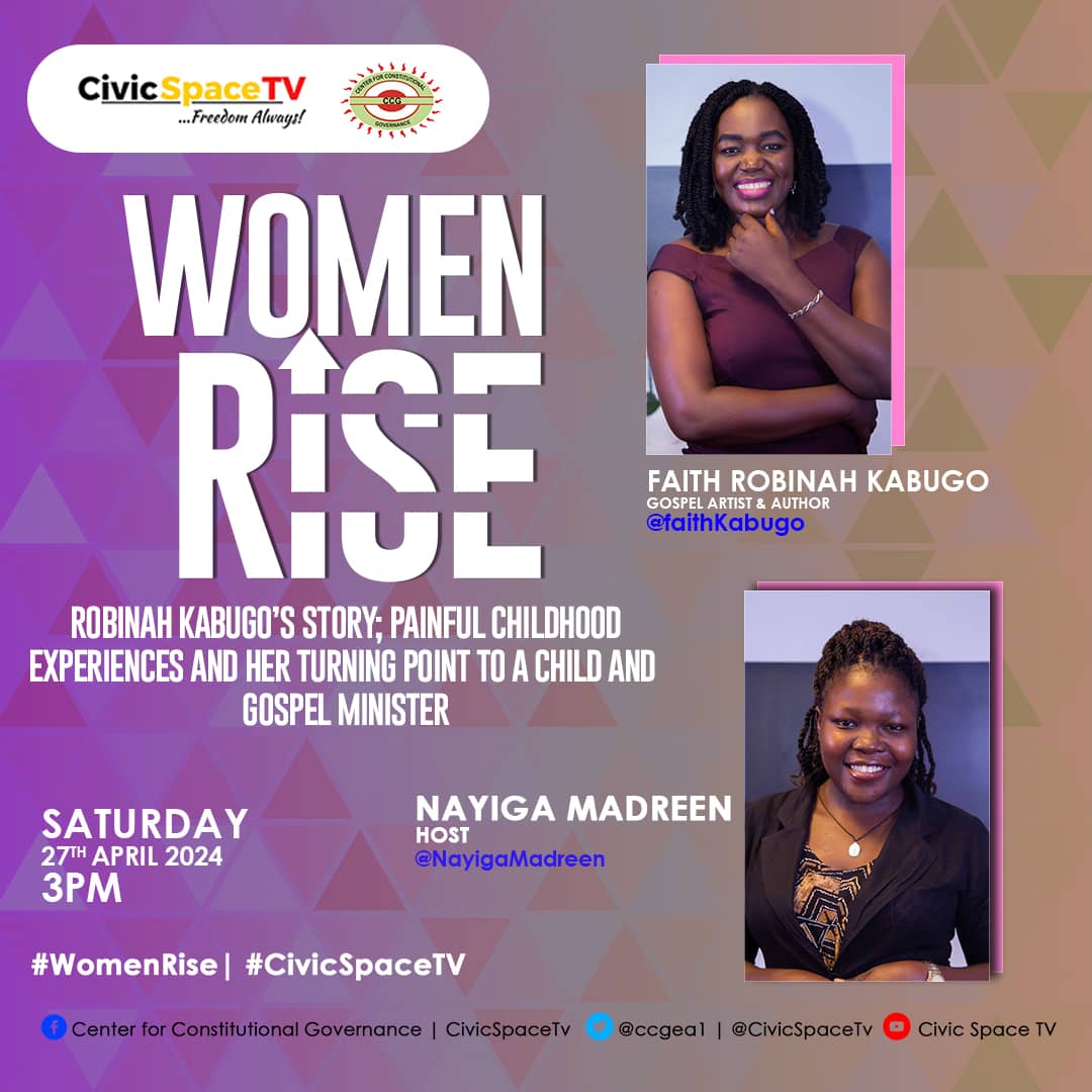 HAPPENING NOW #CivicSpaceTV #WomenRise ~ Robinah Kabugo sharing about her painful childhood experiences & her turning point to a child and Gospel minister. Showing on youtu.be/_F5bTyB2uh4 Join the conversation & please subscribe to the channel. @FaithKabugo @NayigaMadreen