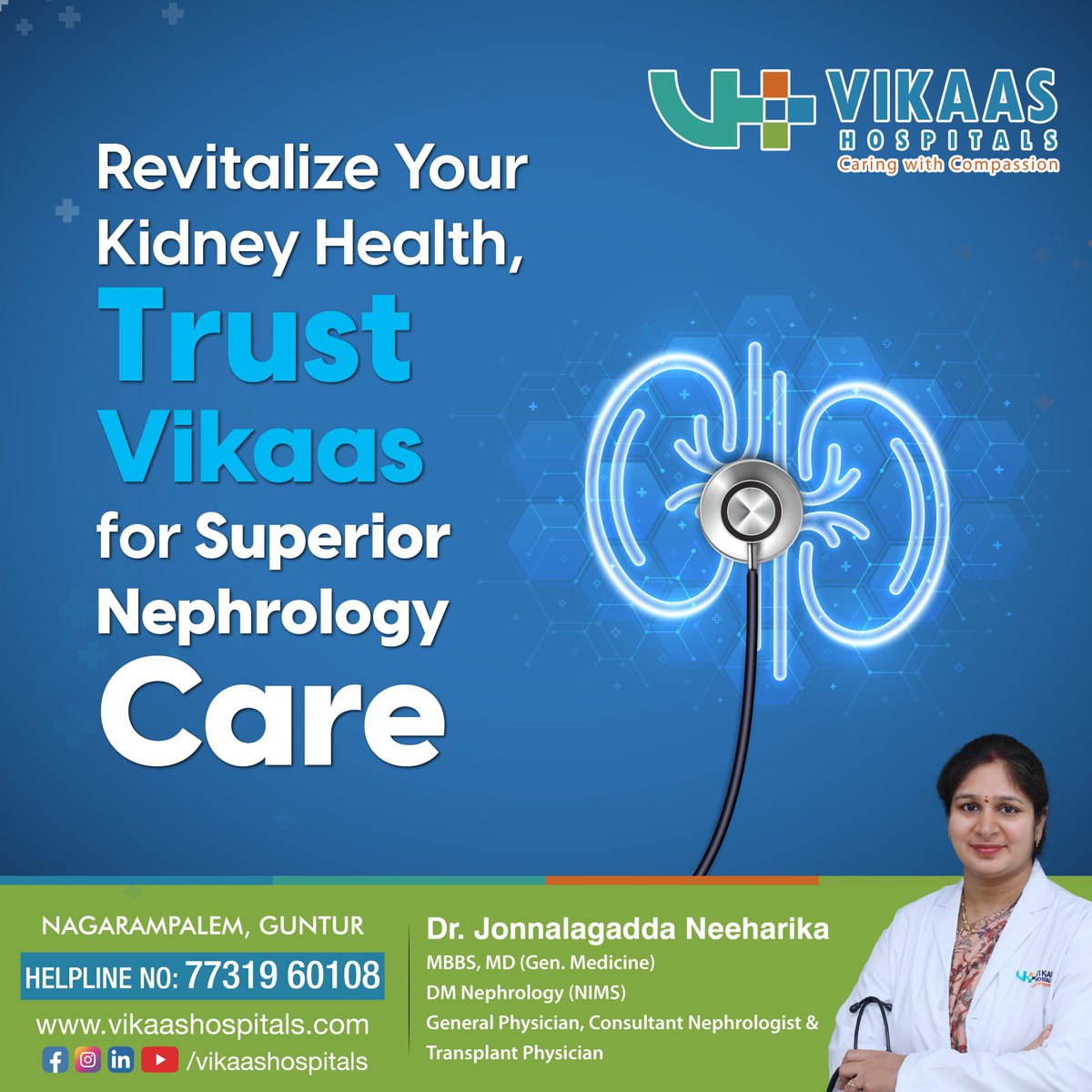 Revitalise  Your Kidneys, entrust Vikaas for premium kidney care.  Find excellence in nephrology at Vikaas, spearheaded by the esteemed Dr. J Neekarika, M.D. (General Medicine), D.M. (Nephrology).

#vikaashospital #kidneycare #kidneystone #medicine #kidneyinfection
