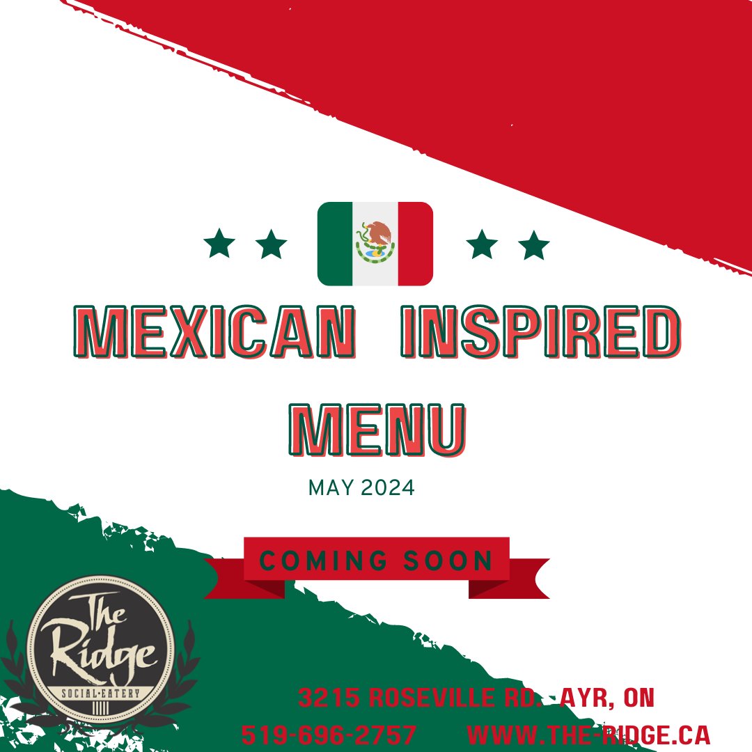 It's not traditional.  It's not Tex-Mex.  It's the flavours we love to eat, combined with the food we love to cook.  Starting next weekend for the month of May.

STAY TUNED 

#newmenu #mayfeatures #cincodemayo #Mexicanmenu #ayrontario #cbridge #kwawesome #kweats #explorewr