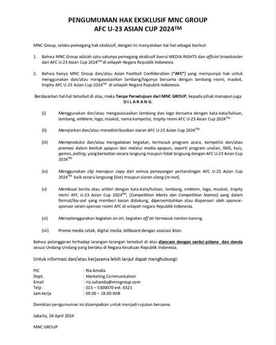 📺‼️ Pihak MNC Group telah mengeluarkan Pengumuman Hak Eksklusif MNC Group AFC U-23 Asian Cup 2023 Bagaimana pendapat kalian tentang hal ini? 📸 @GIBOLofficial