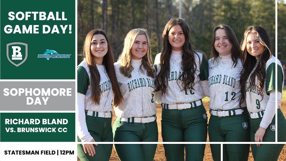 Sophomore Day Softball! 🥎 🆚 Brunswick Community College 📍 Statesman Field ⏰ 12pm 📊 GameChanger: Richard Bland College Softball 🎥 Facebook: Richard Bland College Softball #RBCNation