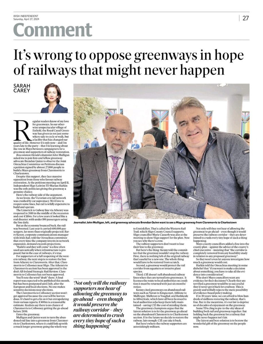 The <a href="/Independent_ie/">Irish Independent</a>  has picked up on the #EastMayoGreenway campaign! When the #Mayo Cllrs come knocking on doors looking for votes, they need to be questioned on this. #Greenway