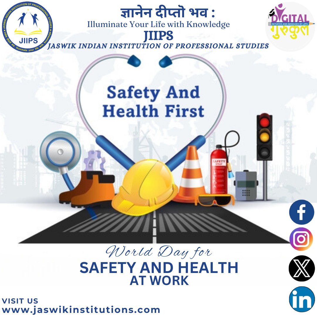The World Day for Safety and Health at Work, observed on April 28 each year, promotes the prevention of occupational accidents and diseases worldwide. #jaswikindianinstitutionofprofessionalstudeis #SafetyAtWork #HealthAndSafety #WorkplaceSafety #OccupationalHealth #SafeWorkplaces