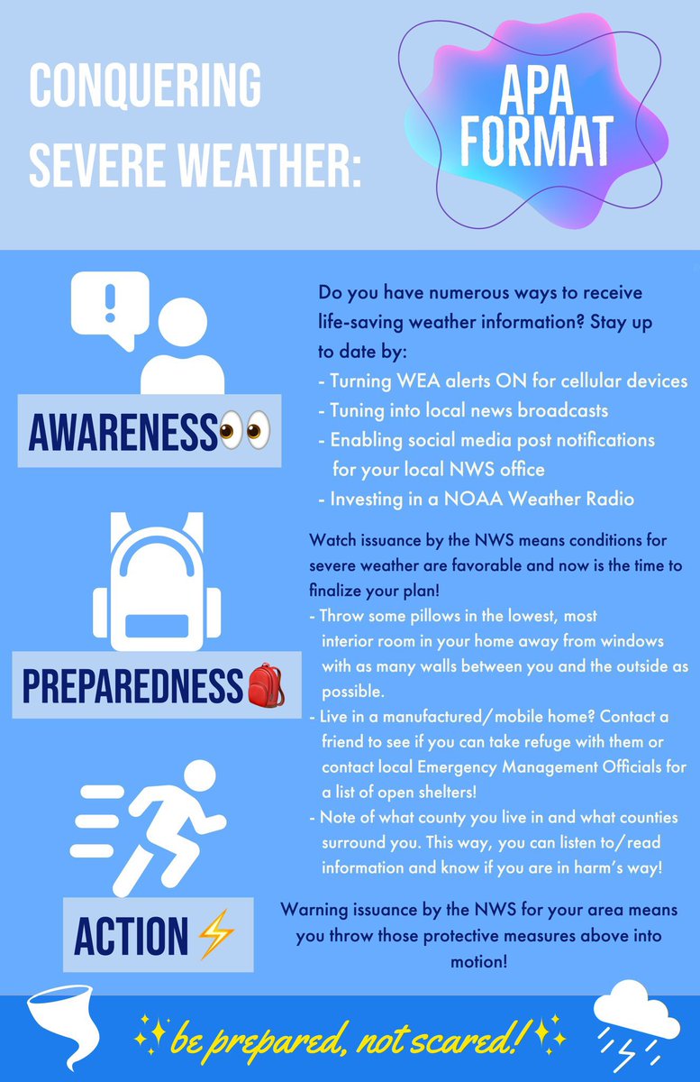 savsouthwardwx's tweet photo. APA Format (Severe Weather’s Version):

Awareness👀, Preparedness🎒, Action⚡️

Please stay safe and weather aware out there today, everyone! Spread the word and ignite the conversation🌪️ 

#okwx #txwx #kswx #mowx https://t.co/RSsvXjFoBl