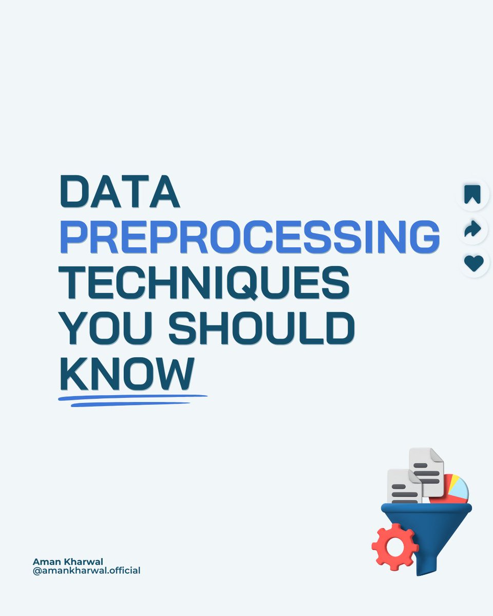 Here are essential Data Preprocessing techniques every #DataScience professional should know:

1. Handling Missing Values
2. Handling Outliers
3. Feature Selection
4. Principal Component Analysis for Dimensionality Reduction
5. Feature Scaling
6. Hyperparameter Tuning
7. SMOTE