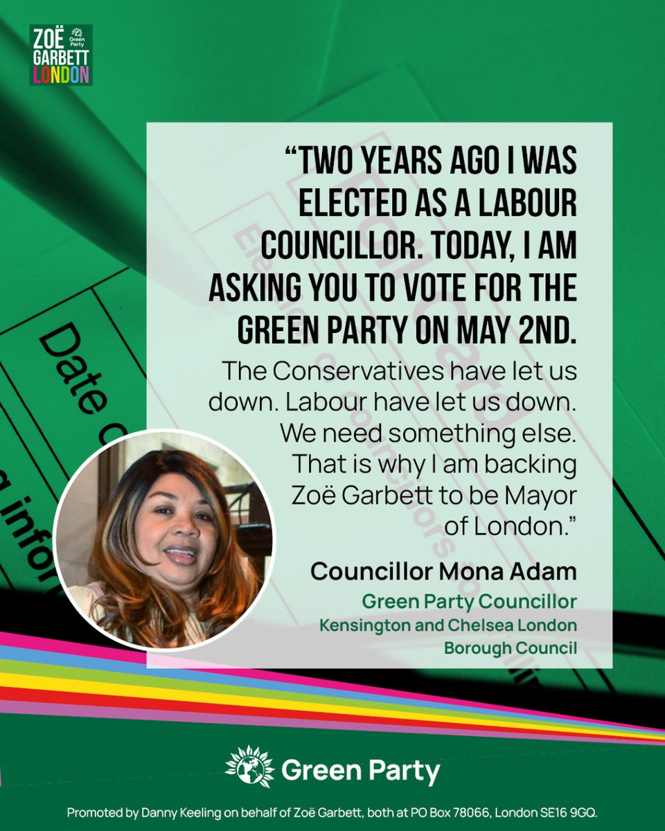 🥀 'The Conservatives have let us down. Labour have let us down. We need something else. That is why I am backing @ZoeGarbett to be #MayorOfLondon.” 🗣️ Strong words from Councillor @MonaAdam68! 🗳️ #VoteGreen on 2nd May.