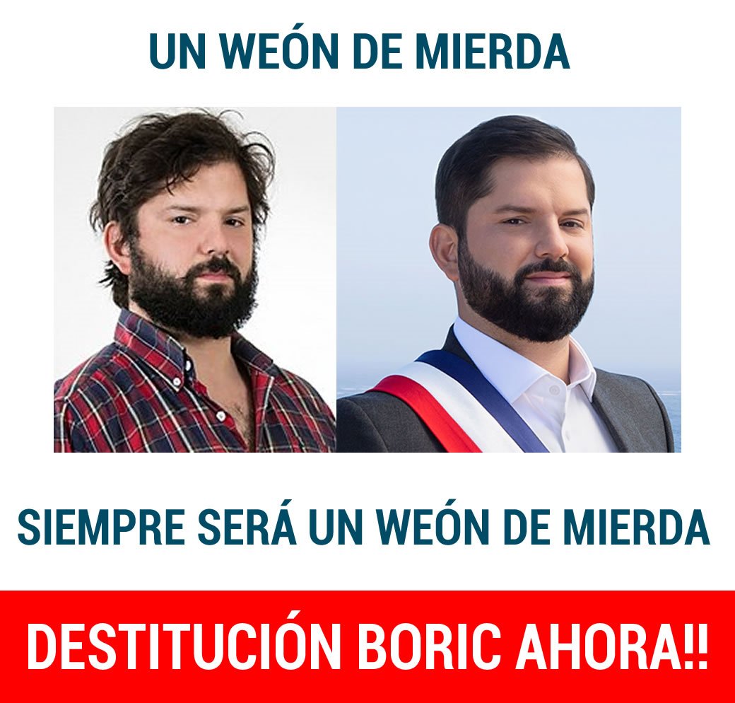 AleTread's tweet image. Con:
Un enfermo como Boric
Comunistas de Mierda
Izquierda Miserable
Derecha Cómplice

Seguirán muriendo Chilenos.

Nuevas Elecciones Ya!!

Golpe
Plaza Baquedano
APRA
Claudio Crespo
Fuerzas Armadas
Presidente Boric
#ElPeorPresidenteDeLaHistoria
Asesinan a 3
En 4
Cañete
Kast