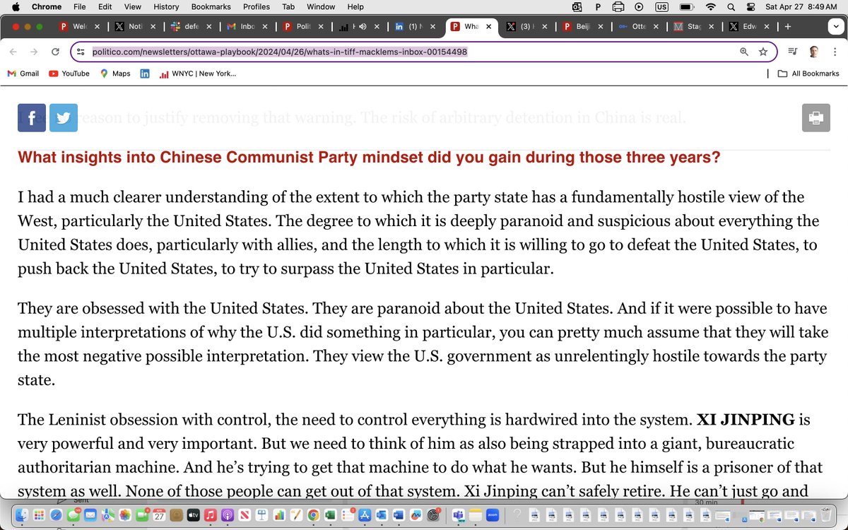 PhelimKine's tweet photo. Picture Xi Jinping "strapped into a giant, bureaucratic authoritarian machine...a prisoner of the system." Sobering assessment of the CCP mindset by former hostage of Beijing @MichaelKovrig in @politico Ottawa Playbook w/@Kyle_Duggan https://t.co/GISy8NfYph https://t.co/gBHlGnzOm3