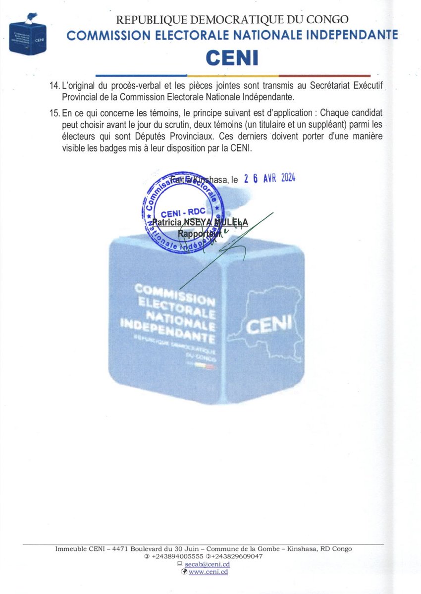 COMMUNIQUE DE PRESSE | N°027/CENI/2024. Relatif aux dispositions utiles pour le scrutin des Gouverneurs et Vice-Gouverneurs des provinces.