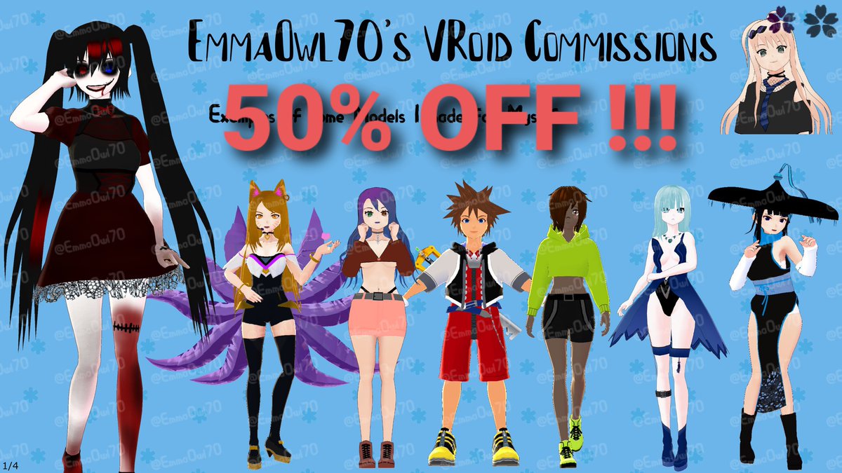 EOwl70's tweet photo. Hello!! Vroid Model Starting at 70€ 
50% OFF !!!
TOS in the last photo

DM if you're interested.

#VRoidStudio #VroidCommission #CommissionsOpen #3DModel #Vtuber3d #Unicorn #Dragon #Cat #KingdomHeart #Sora #VOCALOID #HatsuneMiku #KDA #Ahri #VRoid #VRoidファッション #animegirl https://t.co/ZxIyd7gt25