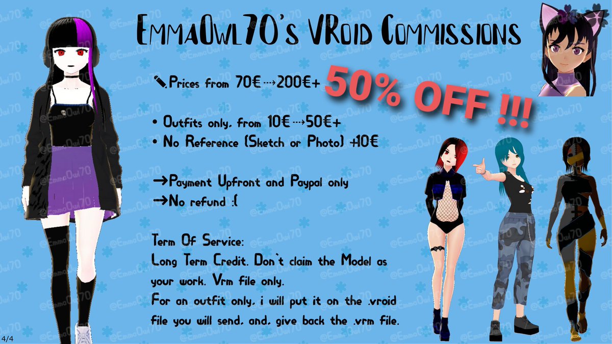 EOwl70's tweet photo. Hello!! Vroid Model Starting at 70€ 
50% OFF !!!
TOS in the last photo

DM if you're interested.

#VRoidStudio #VroidCommission #CommissionsOpen #3DModel #Vtuber3d #Unicorn #Dragon #Cat #KingdomHeart #Sora #VOCALOID #HatsuneMiku #KDA #Ahri #VRoid #VRoidファッション #animegirl https://t.co/ZxIyd7gt25