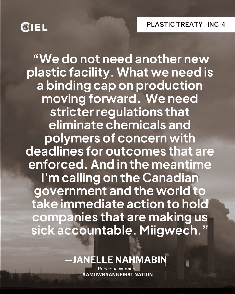👏🏽 Standing ovation from #PlasticsTreaty #INC4 late Friday night following a decisive intervention from Janelle Nahmabin from @S_N_N_1, whose Aamjiwnaang First Nation Community is surrounded by more than 60 petrochemical & plastic facilities — known as Canada's #ChemicalValley.