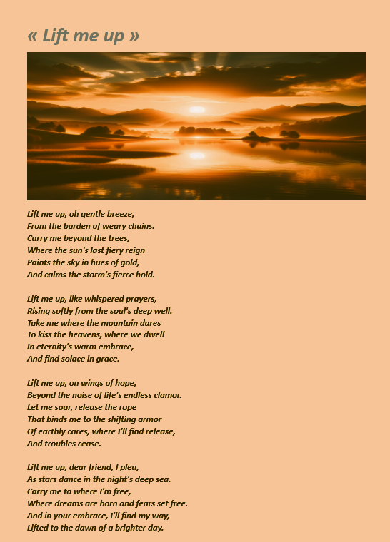 'May this poem lift you up and continue to inspire you, guiding you forward with its words of hope and strength.' #Poetry 📝#HopefulVerses ✨ #DreamsAndSolace 💭#EternalJourney 🌌 #LiftMeUp 🕊️