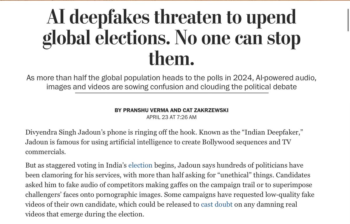 “AI deepfakes threaten to upend global elections. No can stop them.” @washingtonpost @pranshuverma @Cat_Zakrzewski This has been my biggest fear since day one. Still is.
