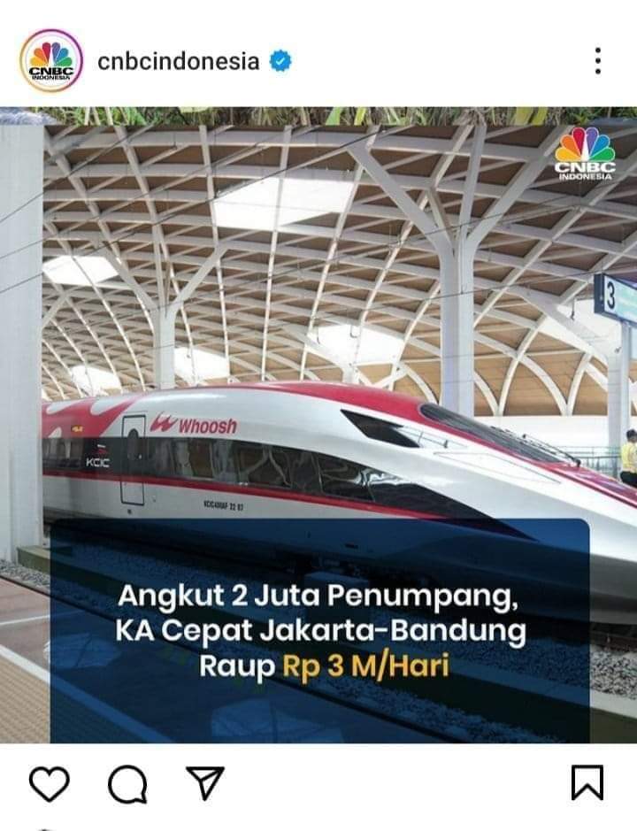 HEBATNYA DIMANA??!! 
Modal bangun Whoosh Rp 100 triliun.
Bunga pinjaman 3% pertahun, berarti dibutuhkan Rp 3 triliun pertahun.
Raih pendapatan Rp 3 miliar perhari, berarti setahun baru dapat Rp 1,1 triliun.
Lalu yang mereka bangga-banggakan itu apa sebenarnya!?😆😅😂