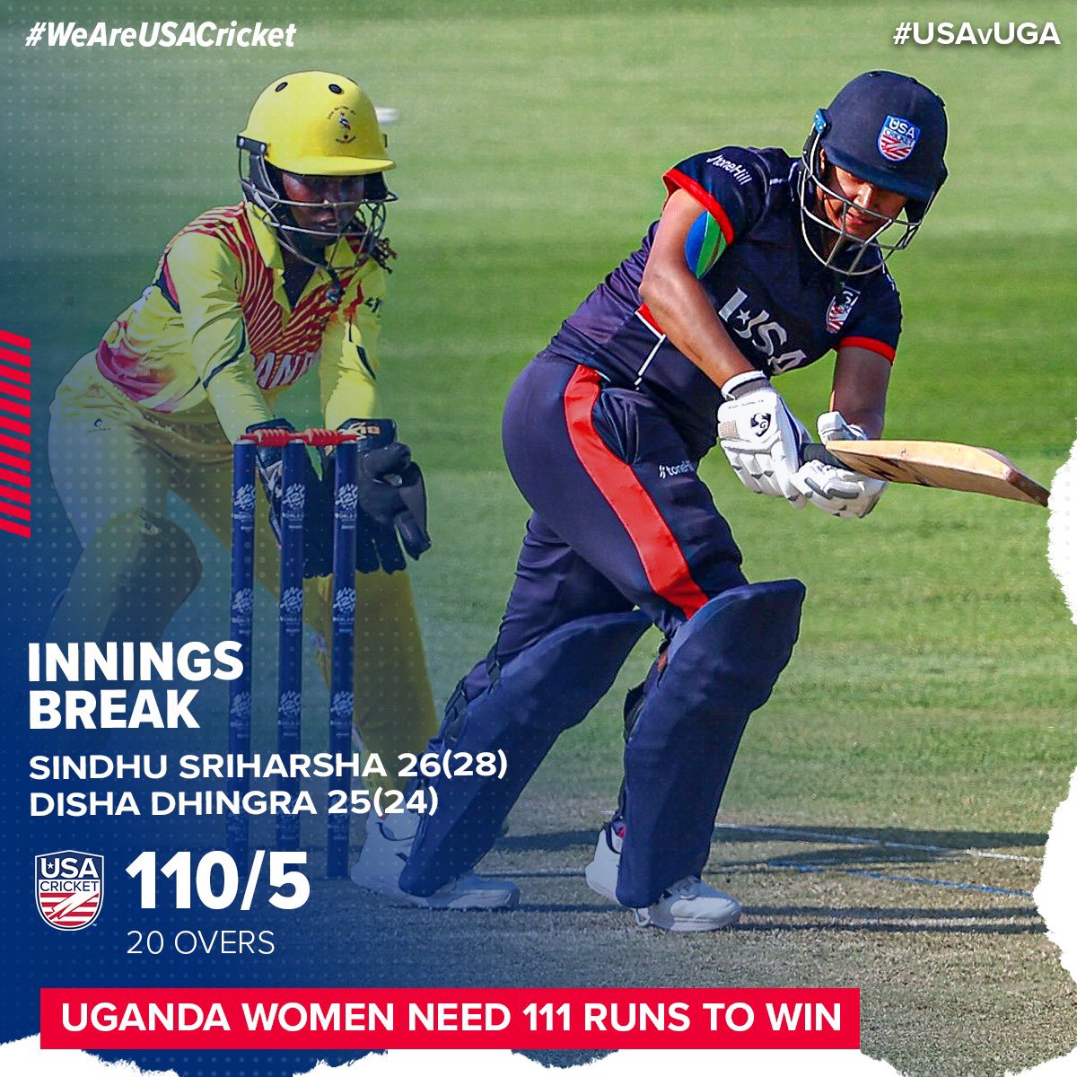 #TeamUSA makes 111 the target for Uganda! 🎯

Off to our bowlers! 💪

Watch live 📲: Icc.tv

#USAvsUganda #WeAreUSACricket 🇺🇸