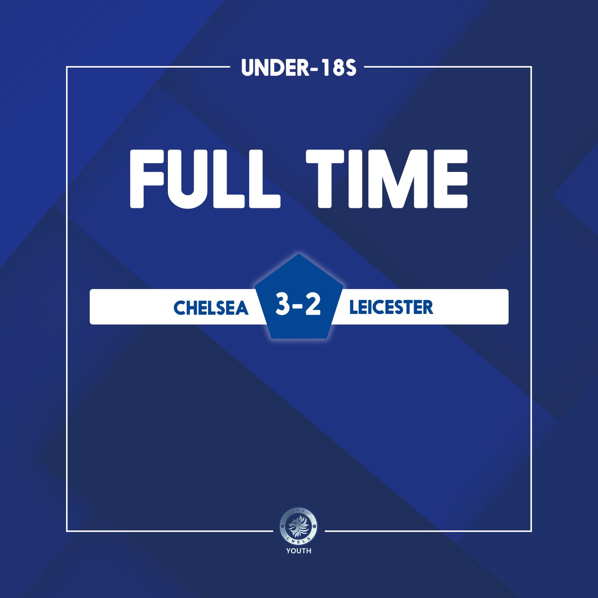 Full Time: Chelsea 3-2 Leicester. It wasn't always pretty but it was pretty important; goals from McNeilly, Mheuka and Ampah put #CFCU18 one win away from the #U18PL South title.