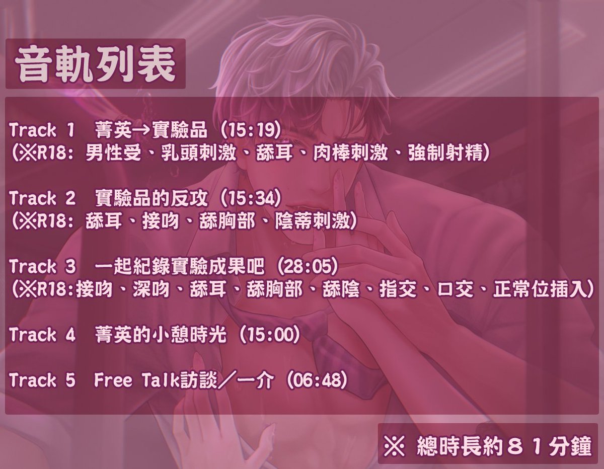 man_research11's tweet photo. 【新作~即將上架通知】🤤長篇🔞女性向音聲劇-
《下了媚藥的發情菁英男，強制實驗品真不甘心的反攻》
人物立繪好帥(舔) 男主角「尚均」由一介老師配音，是他配過的最受受受受...的角色 ///// 
(所長&小助理聽過完整版了，表示，有濕❤️‍🔥)

音軌列表Track List公開!! 時長再次直衝80分鐘!!😍

CV 一介@heyiam_1J
台本 方 @FontineLeng 主寫  (一介修繕)
封面/立繪 POCHii @pochii1114 
美工 水兔海 @SuitoUmi_VT

DLsite預告頁面(可以搶先聽試聽了喔~)
https://t.co/bpvQn0y6pR

 #中文配音 #R18 #成人音聲 #音聲劇 #男色研究所 #男性受