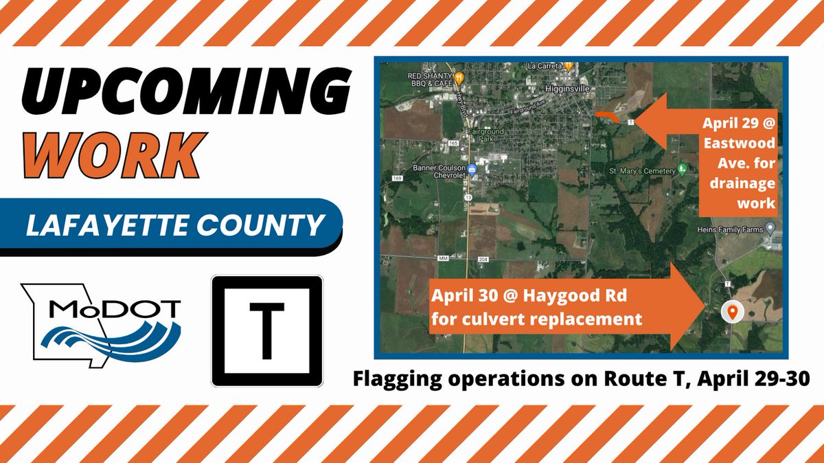 LAFAYETTE COUNTY - Flagging operations on Route T - April 29 at Eastwood Ave for drainage work - April 30 at Haygood Rd for culvert replacement work Link: modot.org/node/46026 #kctraffic