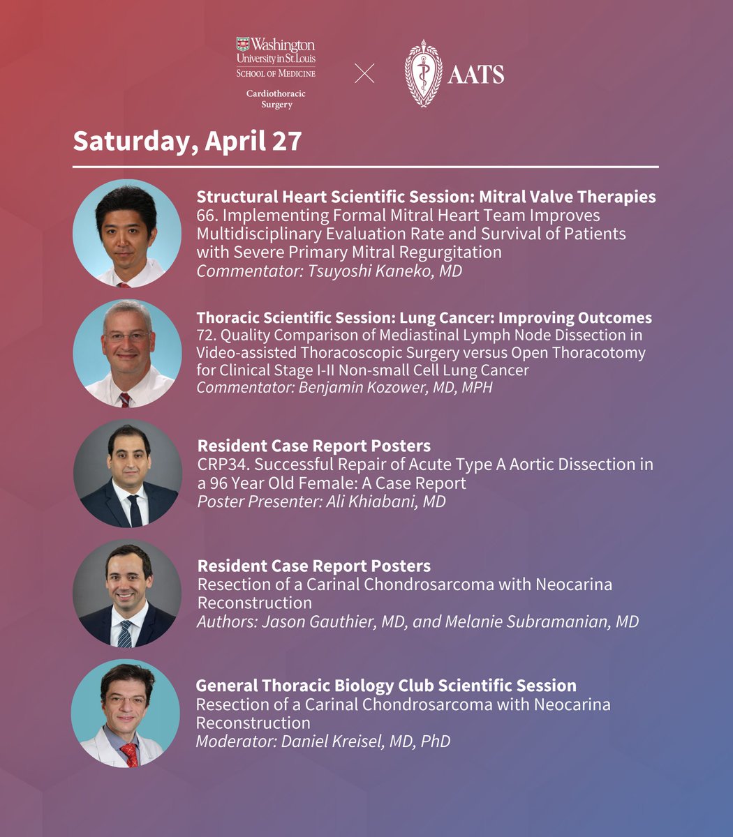 Today, several #WashUCardiothoracic faculty members and trainees will be serving as commentators, presenters, and moderators during @AATSHQ's 104th Annual Meeting in Toronto. View a list of today's activities below! ⬇️ #AATS2024