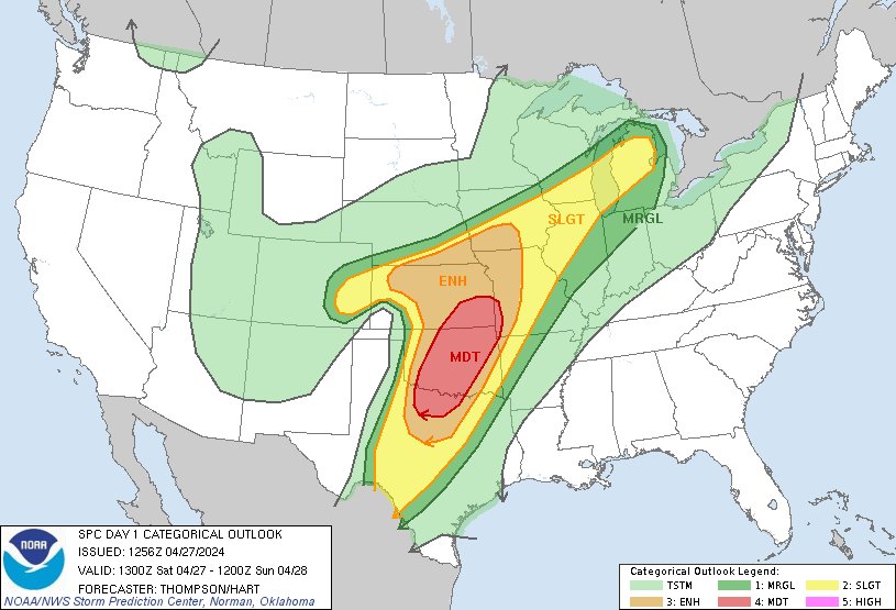 NWSSPC's tweet photo. 7:58am CDT #SPC Day1 Outlook Moderate Risk: through tonight for OK, north TX, southeast KS and extreme southwest MO https://t.co/TgJgC6cQZw https://t.co/hmiqCyTDoX