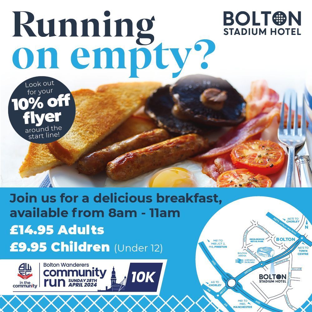 Joining us for the Community 10K on Sunday? Refuel after your run with Breakfast at @BolStadiumHotel Keep an eye out for them on the starting line where they'll be handing out 10% off flyers. #BWitC | #BWFC
